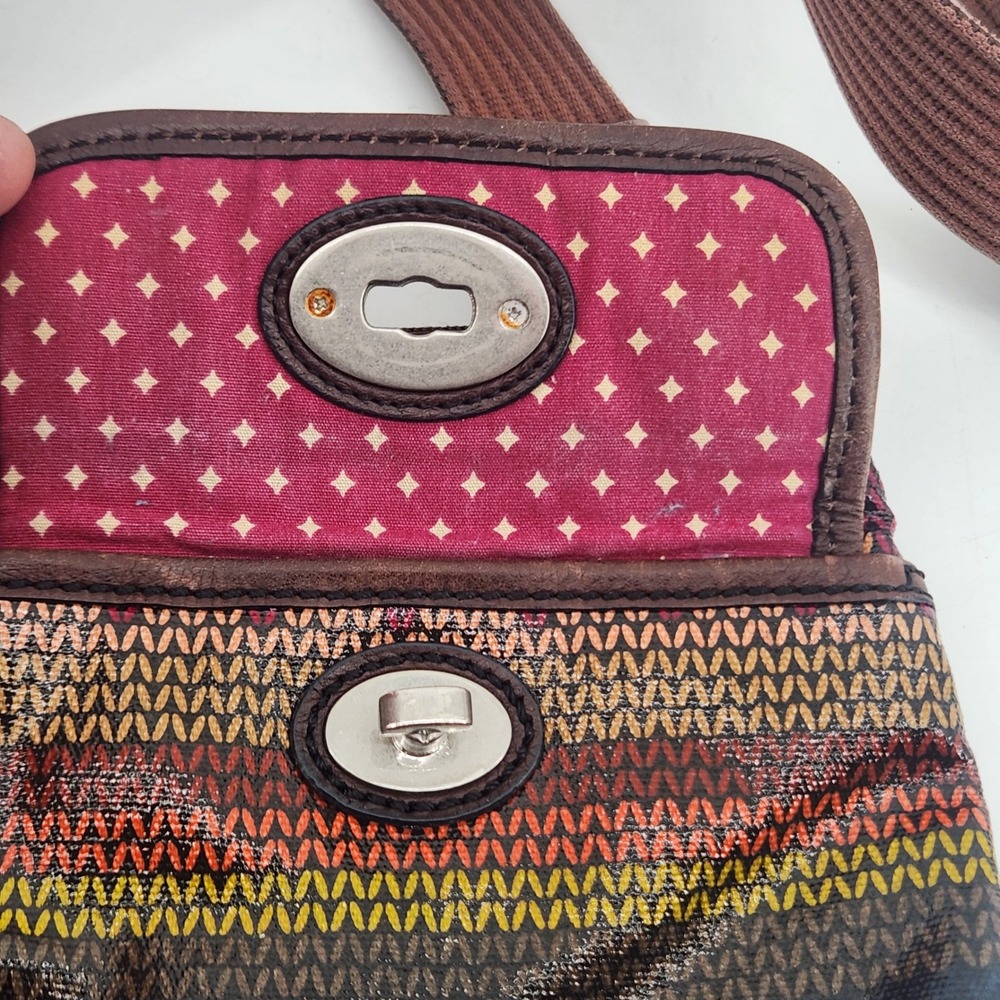 Fossil Key-Per Crossbody Bag Multi Color Coated Canvas Knit Print Small Purse - Picture 3 of 14